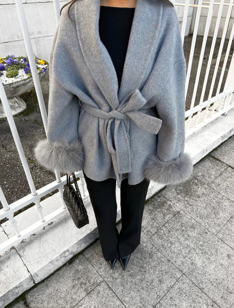 WOOLCOAT WITH FUR- STONE GREY