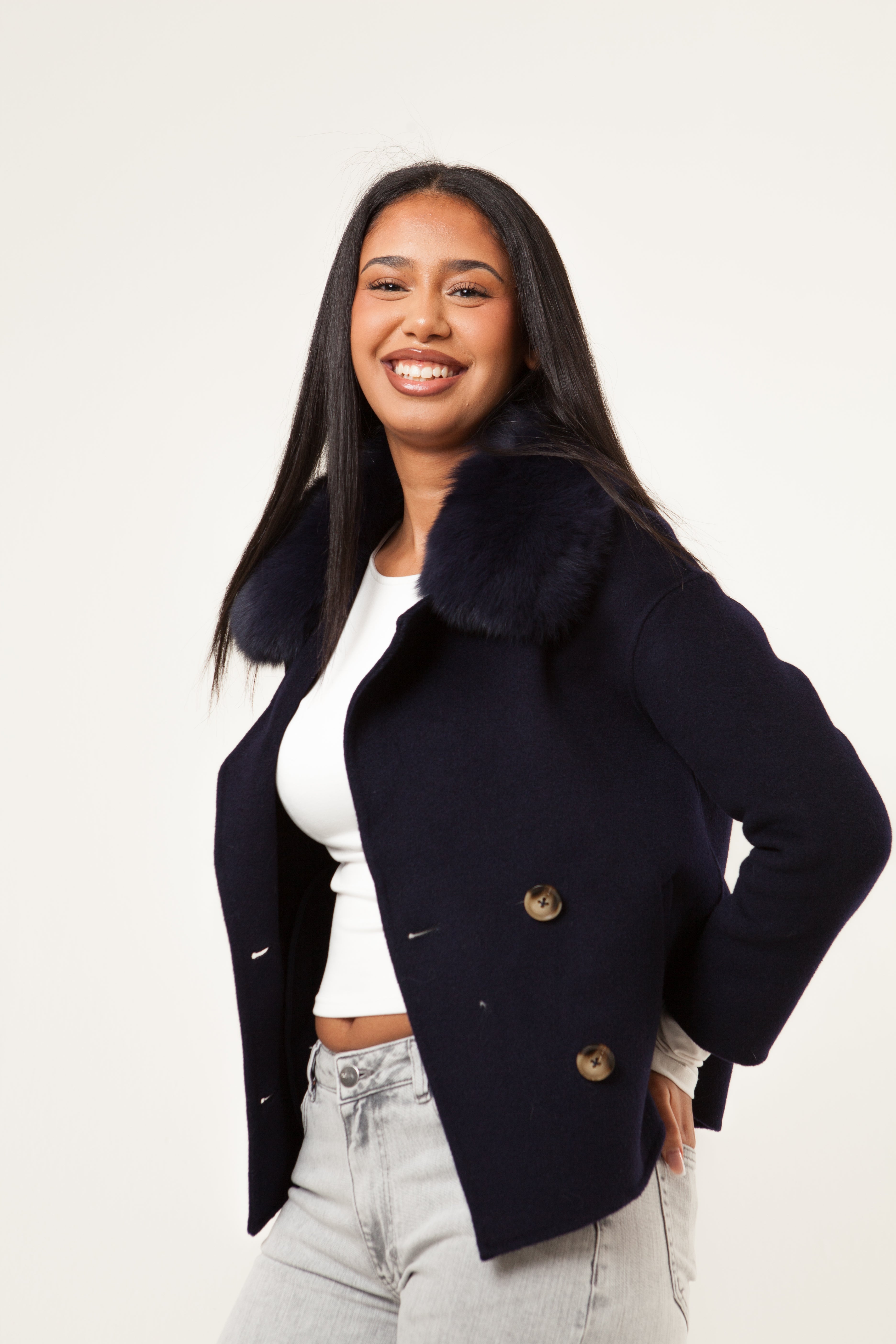 Double Button Cashmere Coat - Navy