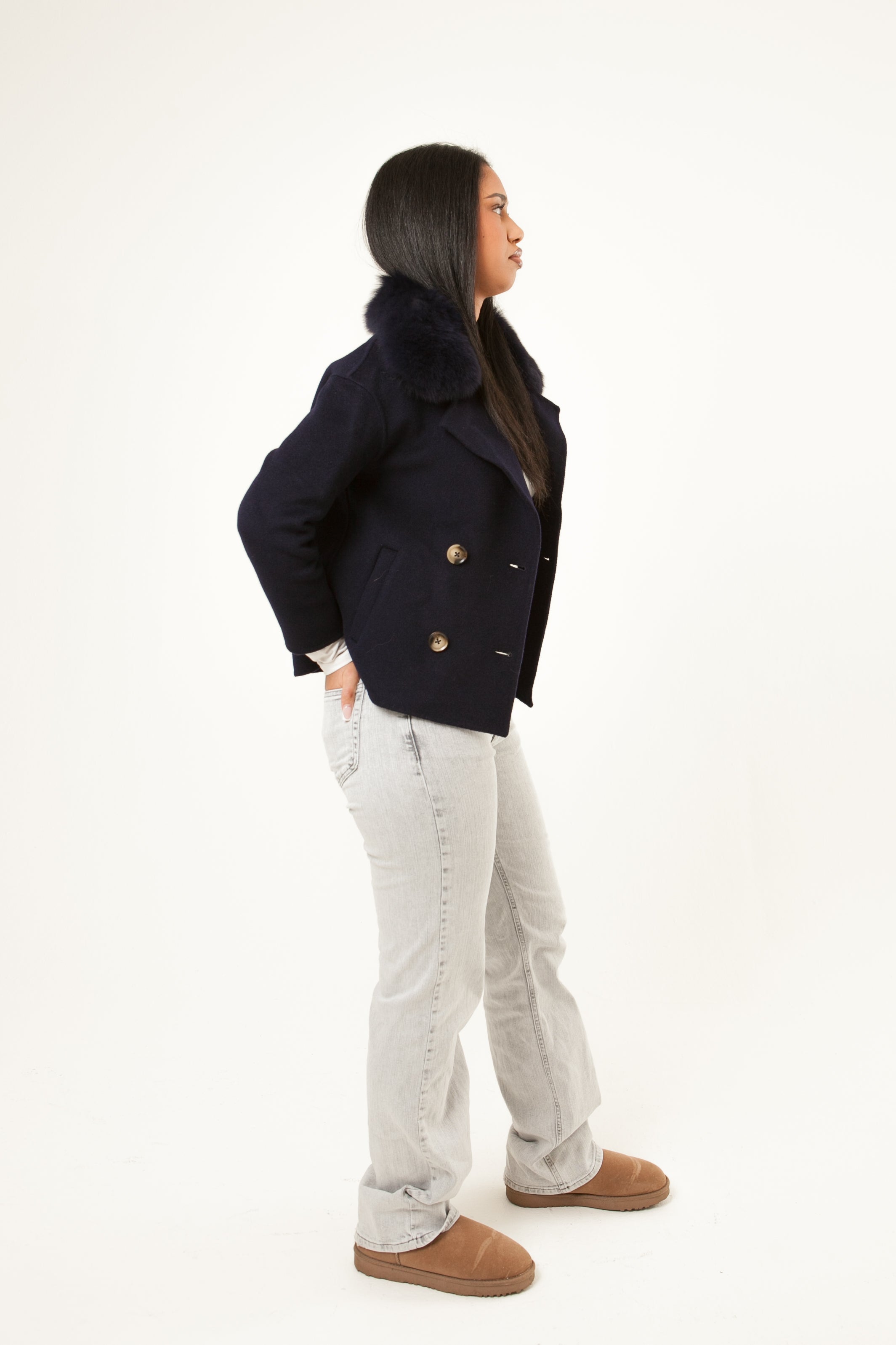 Double Button Cashmere Coat - Navy